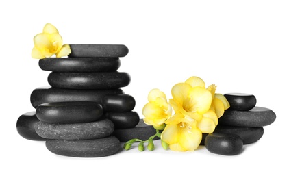 Photo of Stack of black spa stones and fresh flowers isolated on white