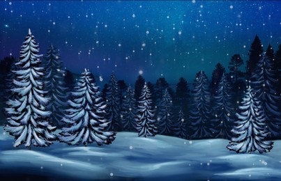 Image of Winter landscape. Picturesque meadow and forest during snowfall at night