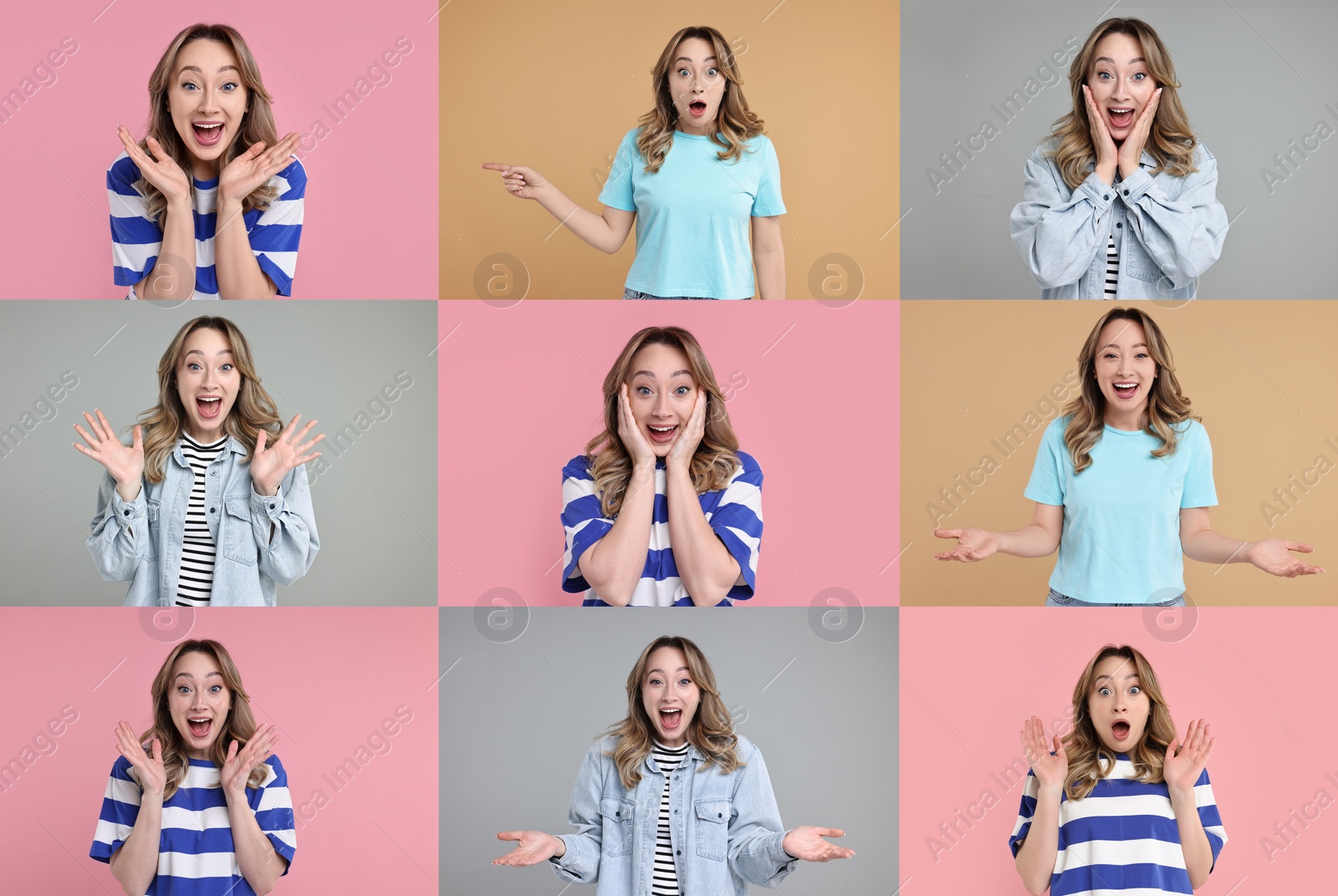 Image of Collage with photos of surprised woman on different color backgrounds