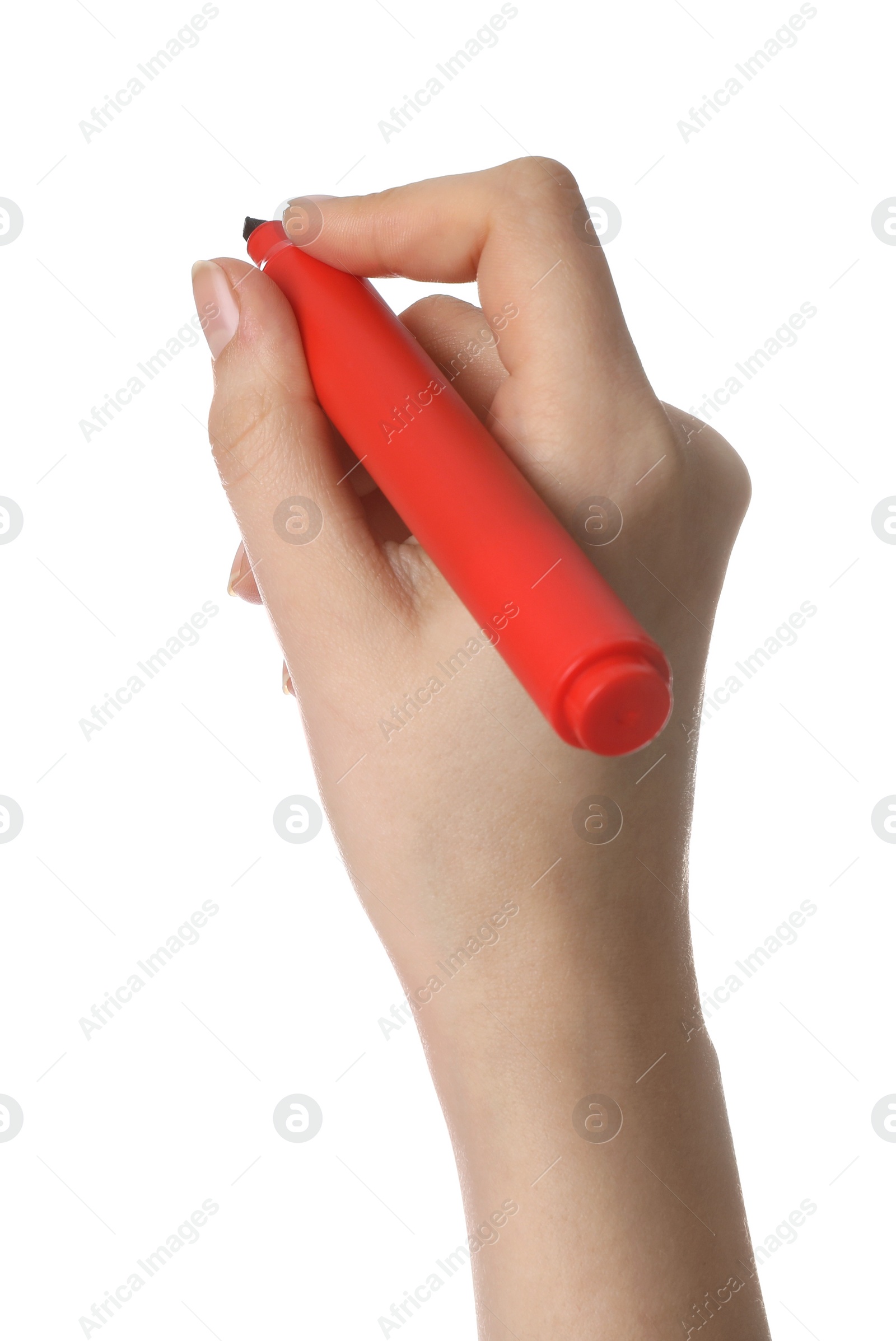 Photo of Woman holding red marker on white background, closeup