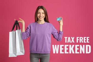 Happy woman with shopping bags and text TAX FREE WEEKEND on pink background