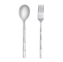 Image of Shiny silver spoon and fork on white background, top view