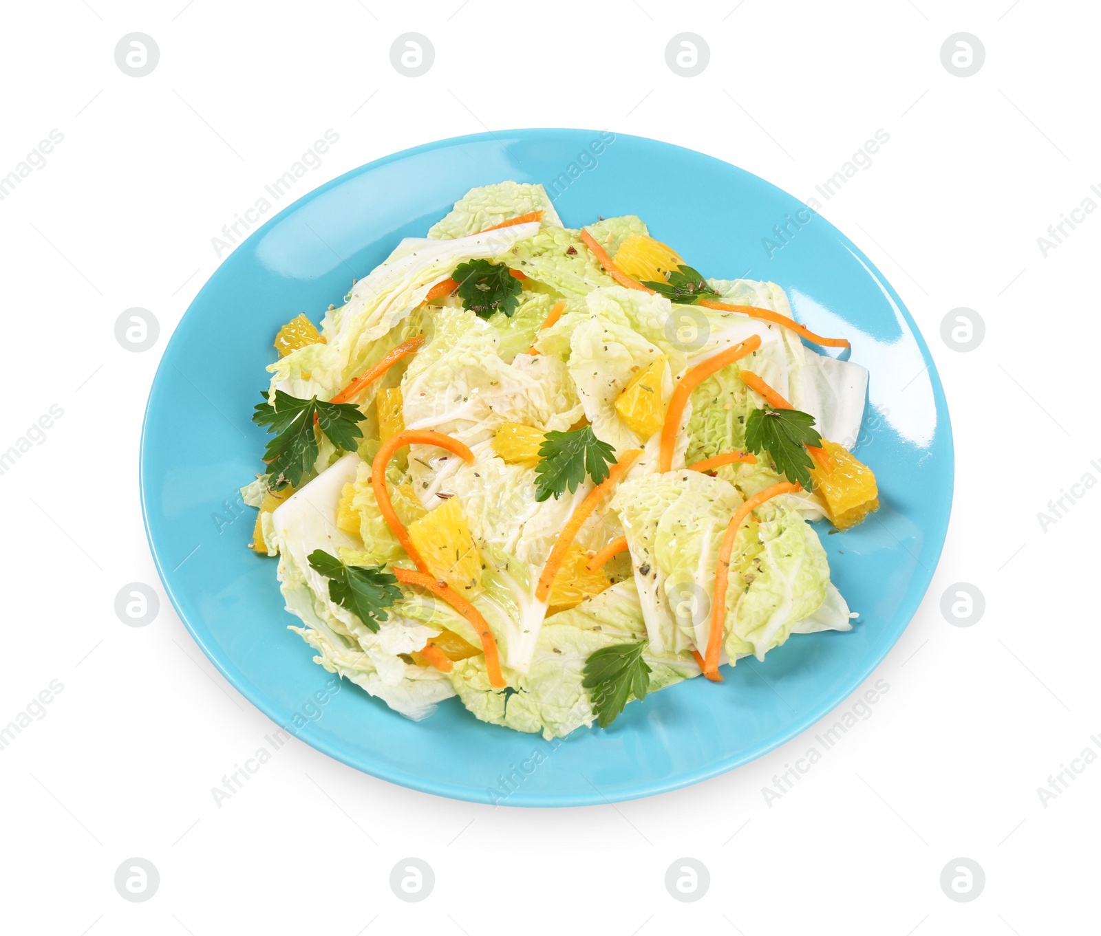 Photo of Tasty salad with Chinese cabbage isolated on white