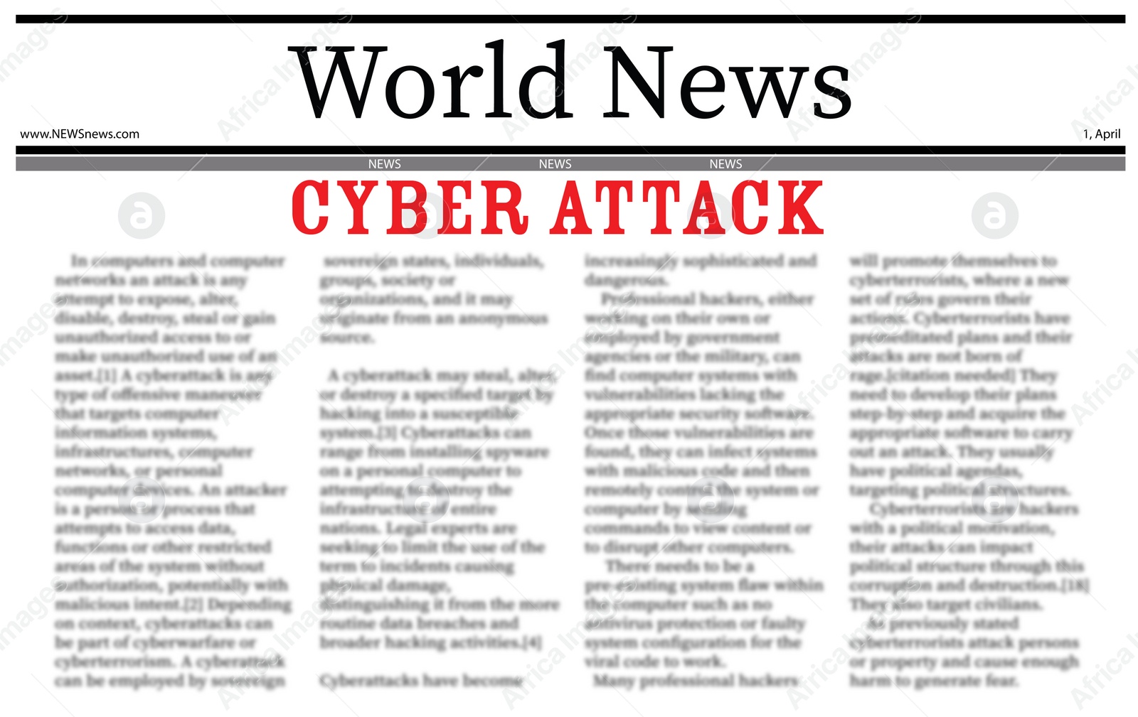 Illustration of Closeup view of newspaper with headline CYBER ATTACK