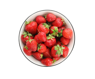 Photo of Ripe strawberries in bowl isolated on white, top view