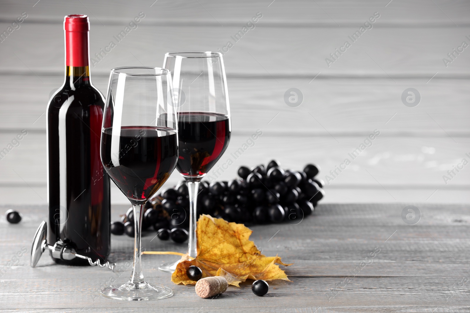 Photo of Delicious wine, corkscrew and ripe grapes on light grey wooden table. Space for text