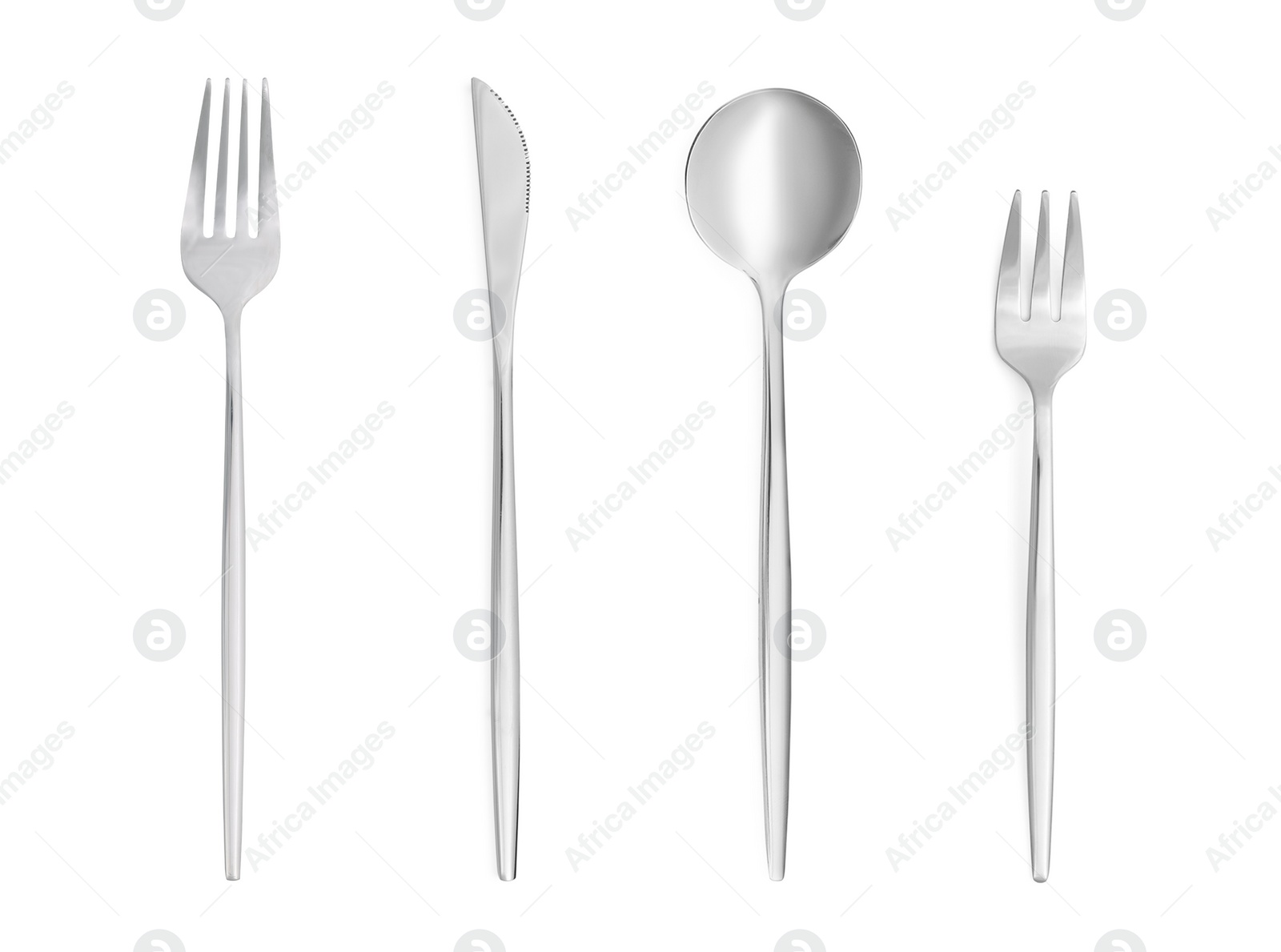 Image of Shiny silver cutlery set on white background, top view