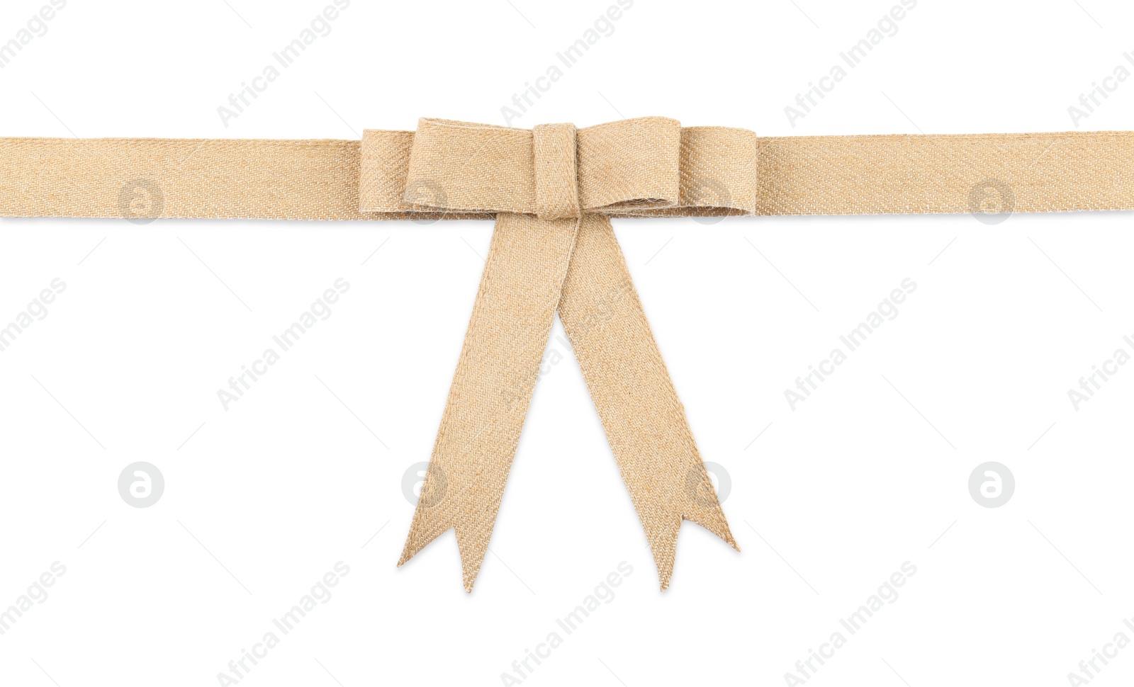 Photo of One beautiful burlap bow isolated on white, top view