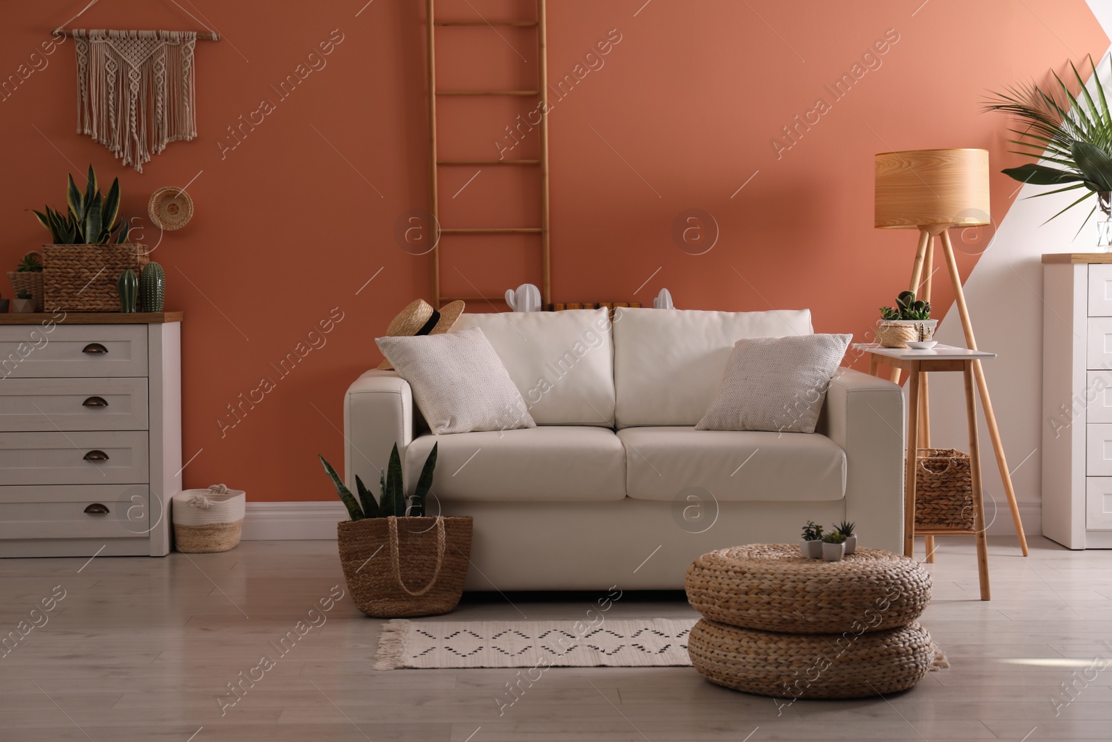 Photo of Stylish living room interior with comfortable sofa and potted plants