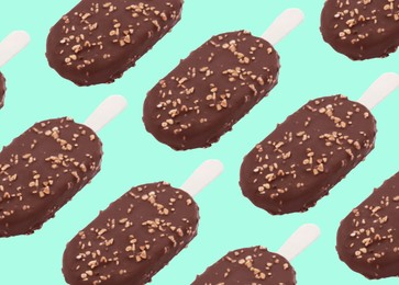 Image of Pattern with chocolate-glazed ice cream on turquoise background