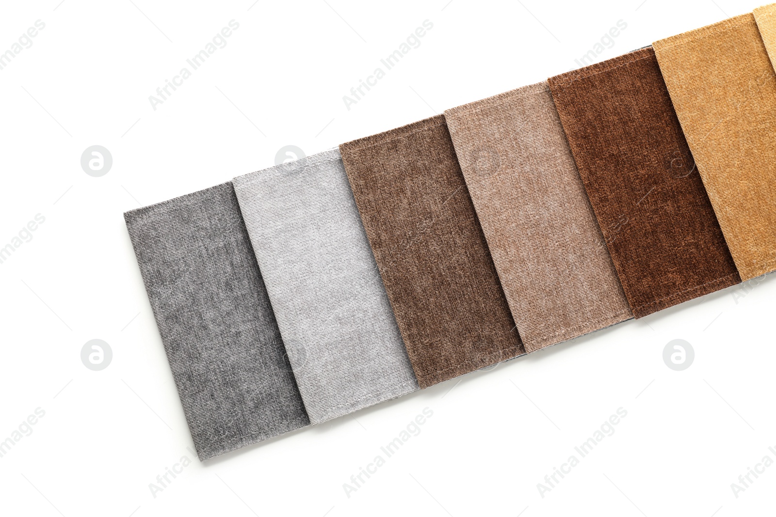 Photo of Fabric samples of different colors for interior design on white background