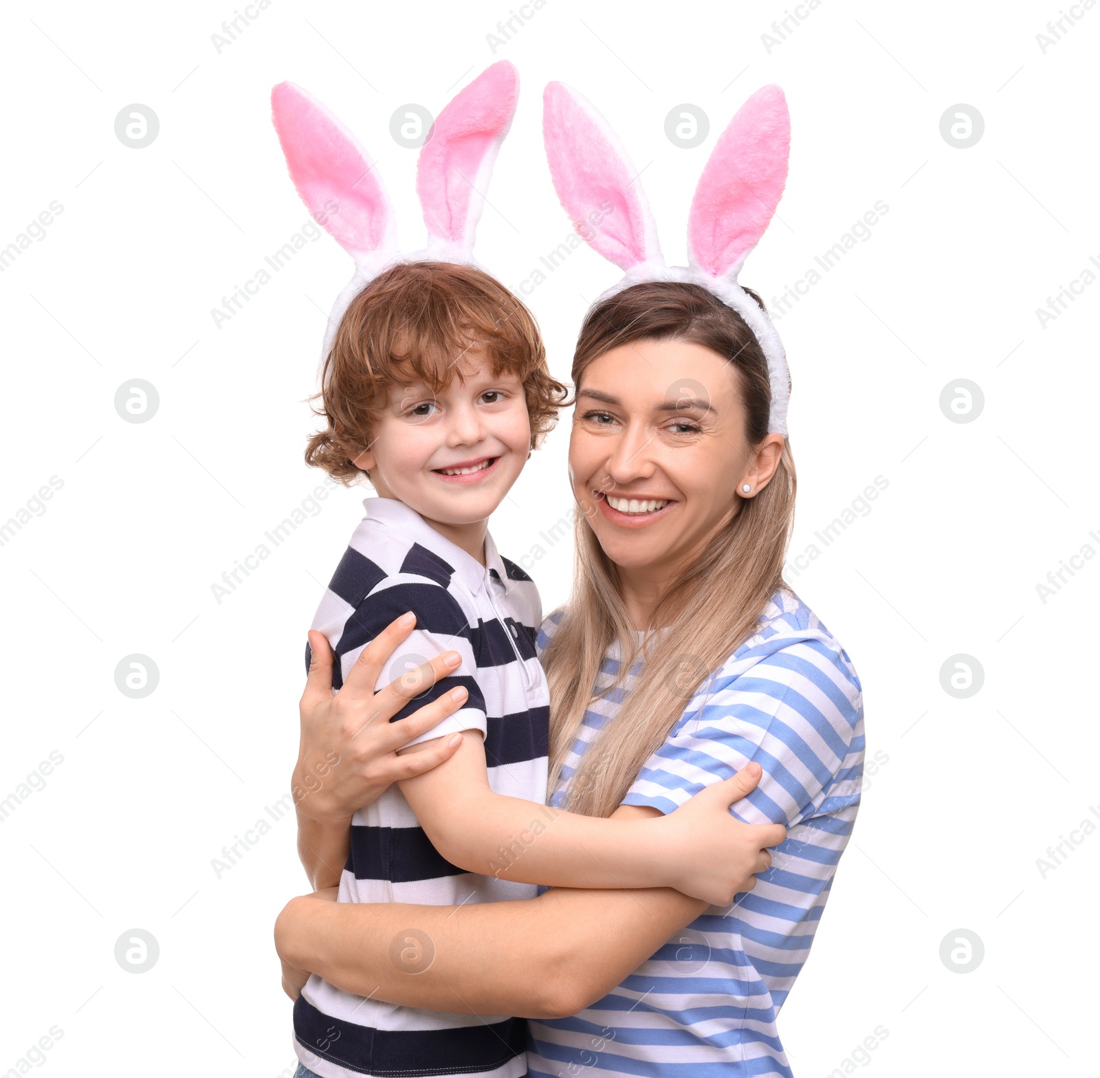 Photo of Easter celebration. Mother and her cute little son with bunny ears isolated on white