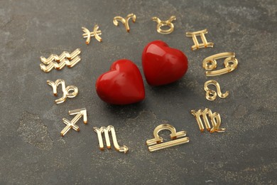 Photo of Zodiac signs and red hearts on grey textured background