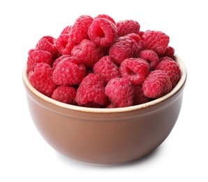 Bowl of delicious fresh ripe raspberries on white background