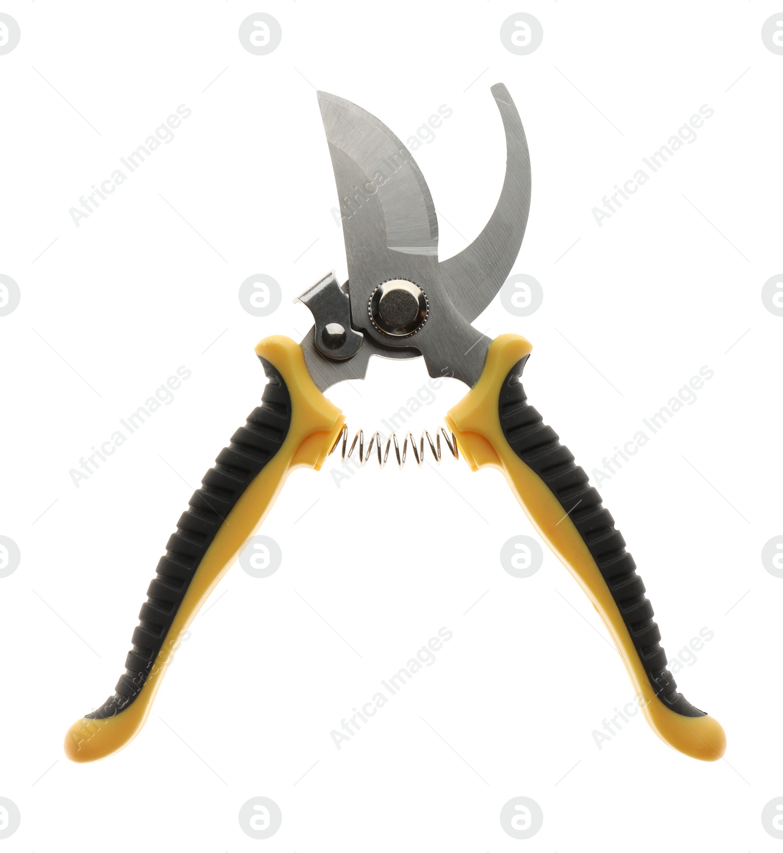 Photo of Pruning shears isolated on white, top view. Gardening tool