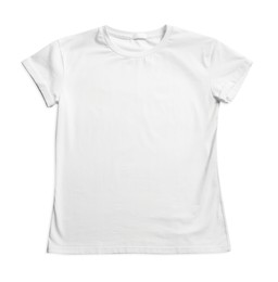 Stylish t-shirt on white background, top view