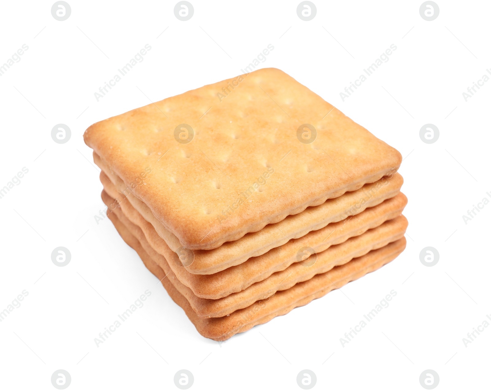 Photo of Tasty crispy square crackers isolated on white