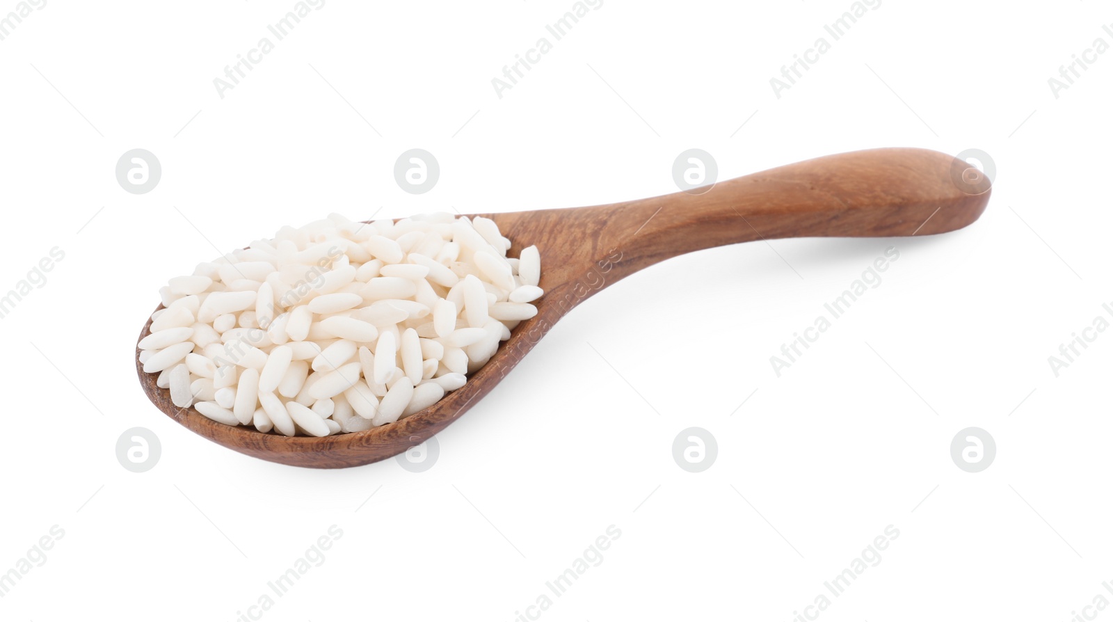 Photo of Spoon with raw rice isolated on white