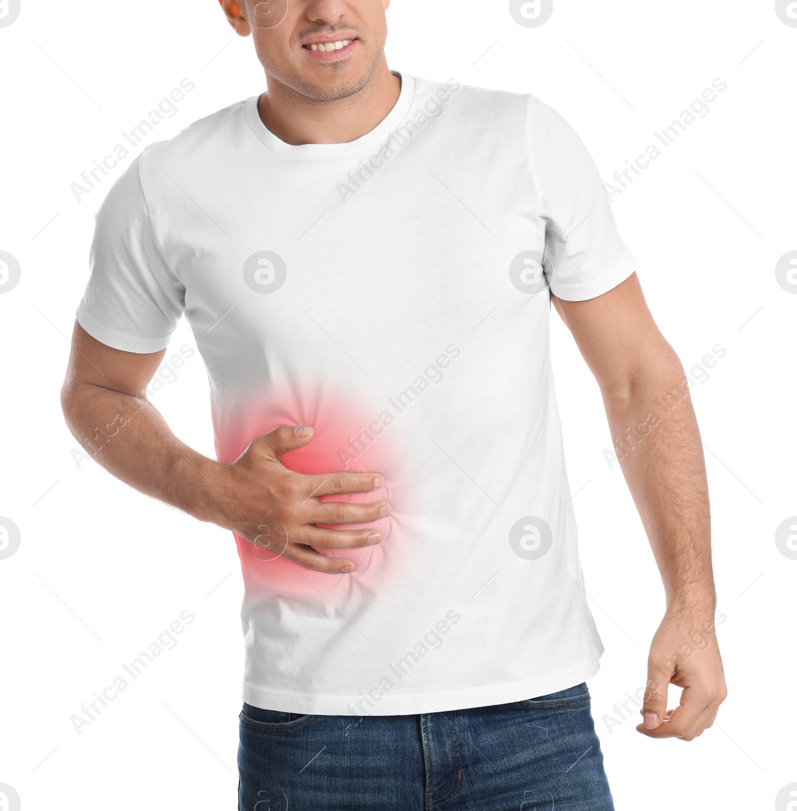 Photo of Man suffering from liver pain on white background, closeup