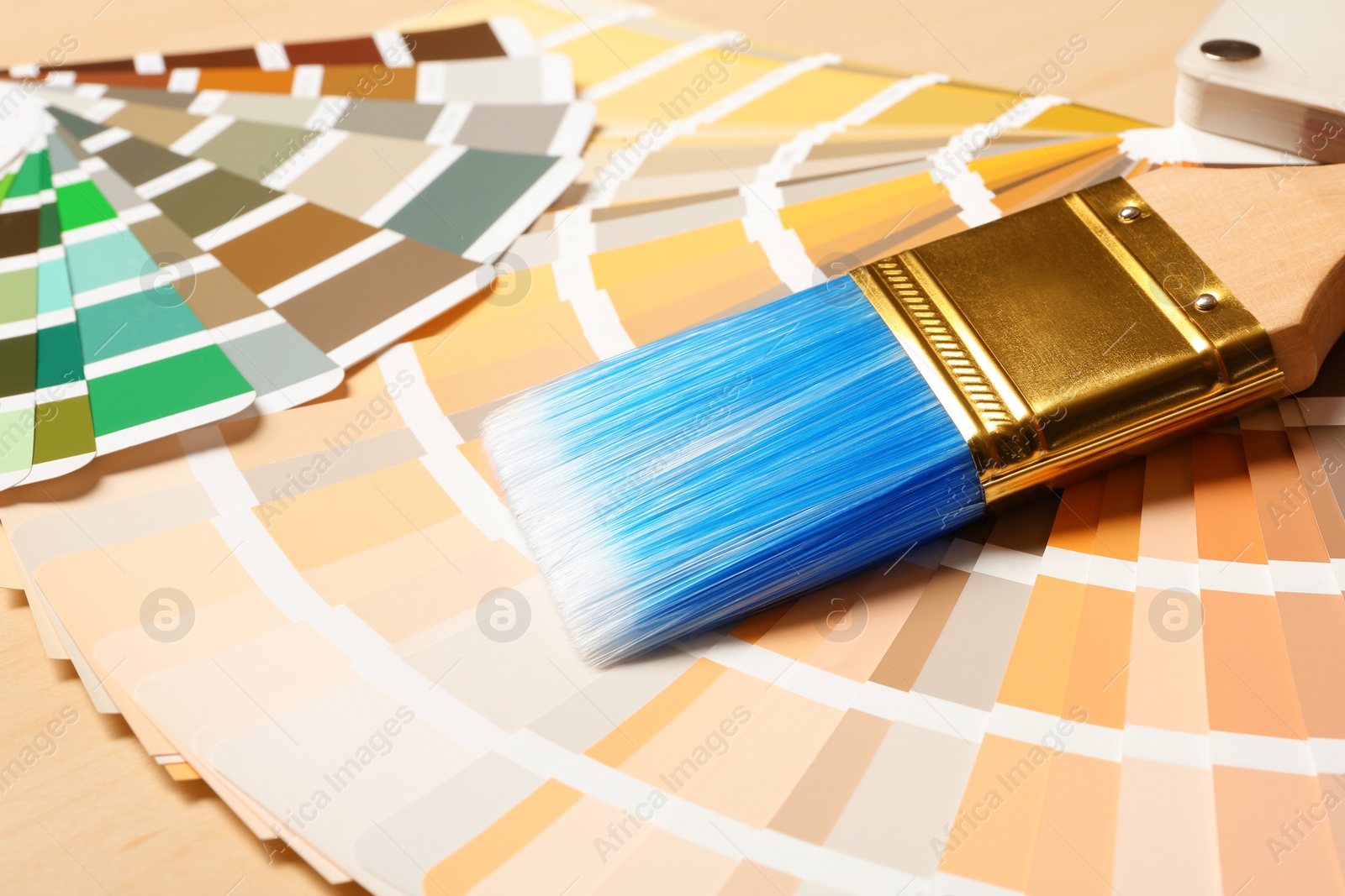 Photo of Paint brush and color palettes on table, closeup