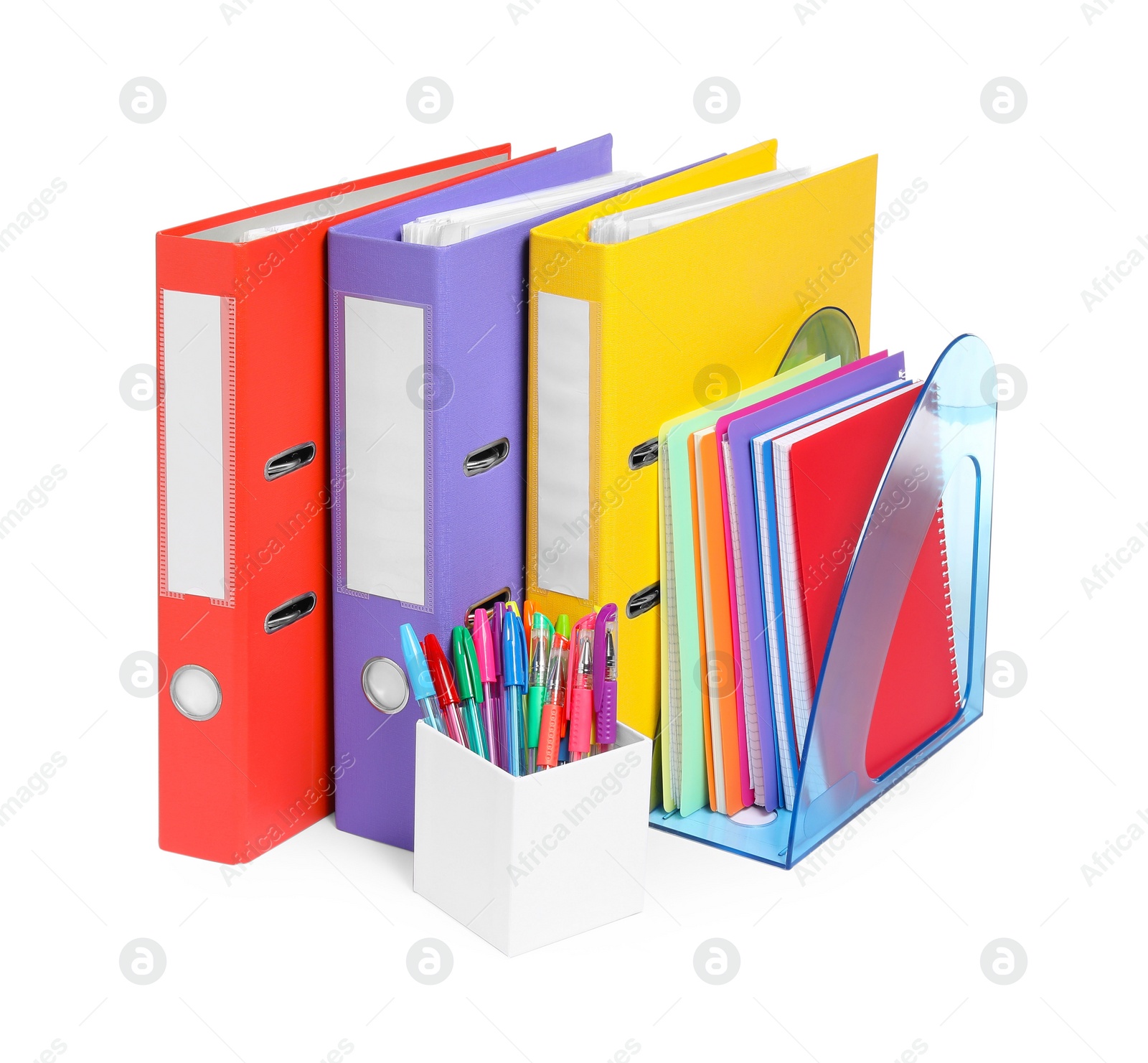 Photo of Bright office folders and different stationery isolated on white