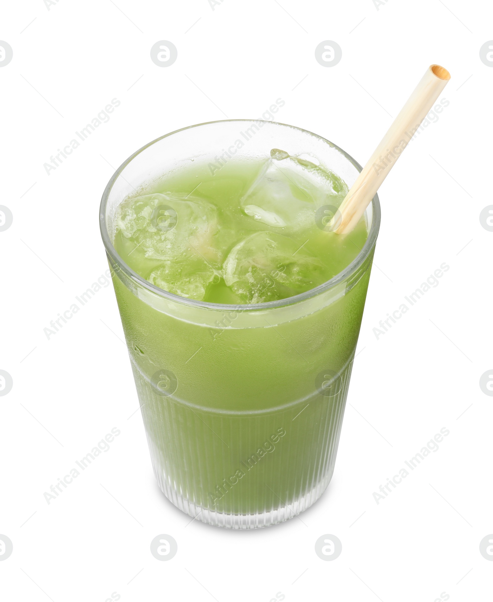 Photo of Glass of delicious iced green matcha tea isolated on white