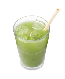 Glass of delicious iced green matcha tea isolated on white