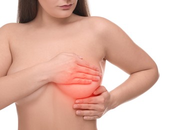 Image of Naked young woman suffering from breast pain on white background, closeup