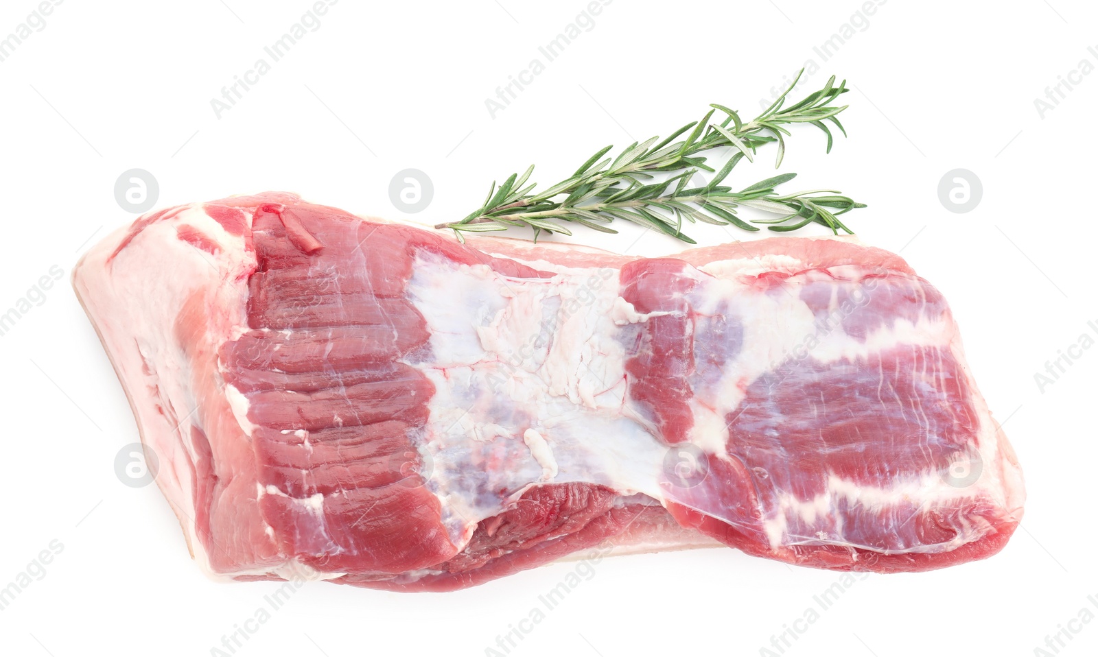 Photo of One piece of raw pork belly and rosemary isolated on white, top view