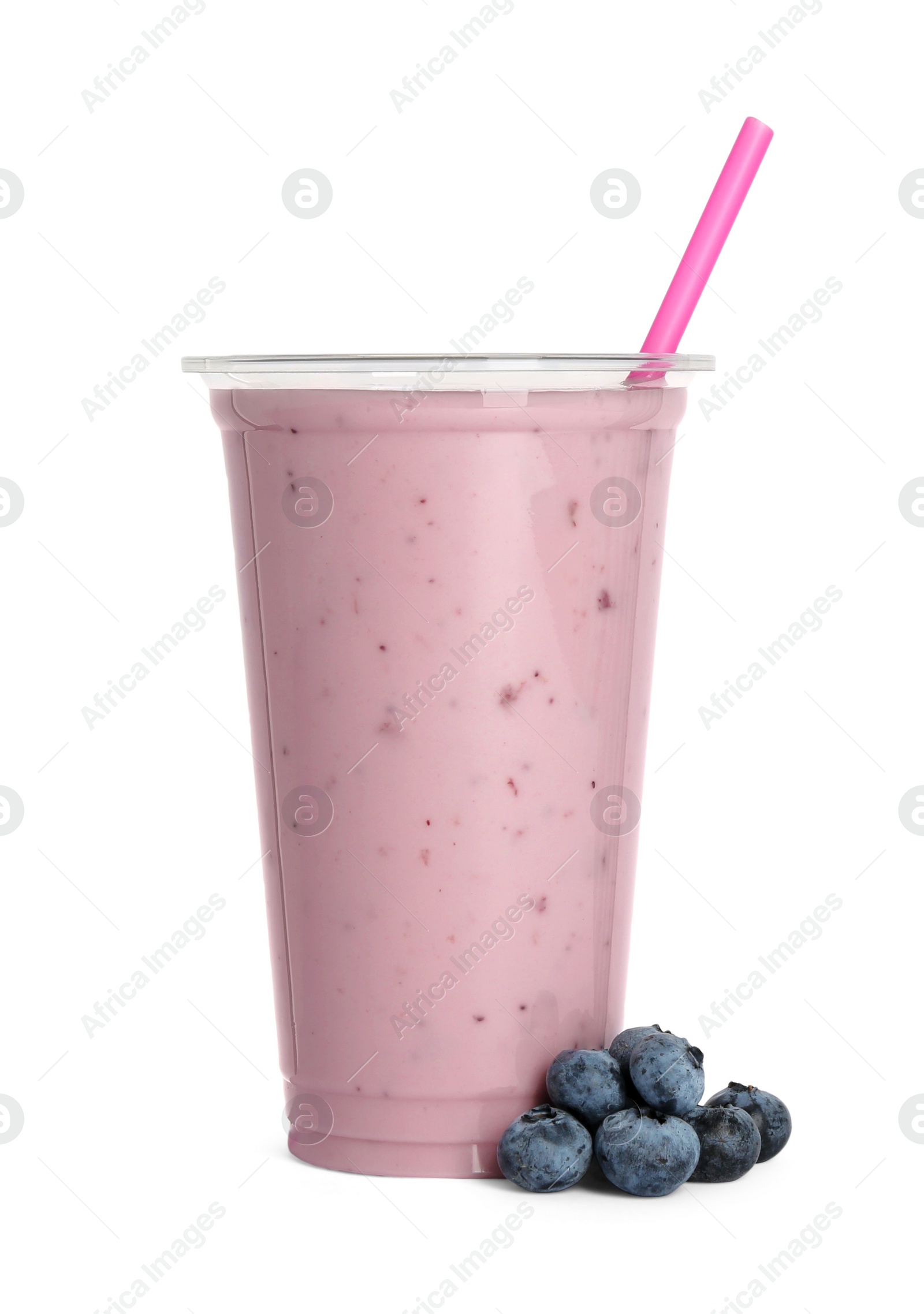 Photo of Plastic cup of tasty smoothie and fresh blueberries isolated on white