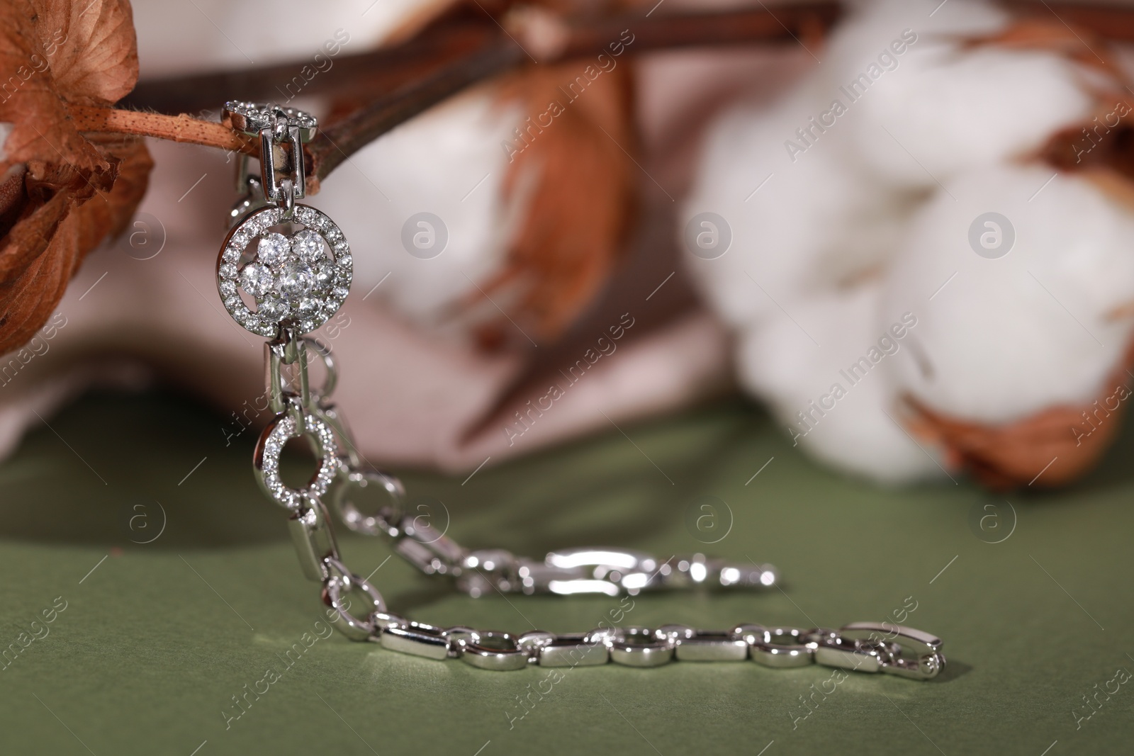 Photo of Elegant jewelry. Stylish presentation of luxury bracelet with cotton branch on dark green background, closeup