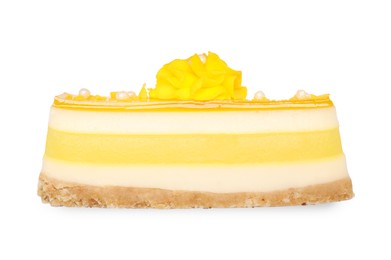 Photo of Delicious cheesecake with lemon isolated on white, top view