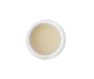 Jar of petroleum jelly on white background, top view