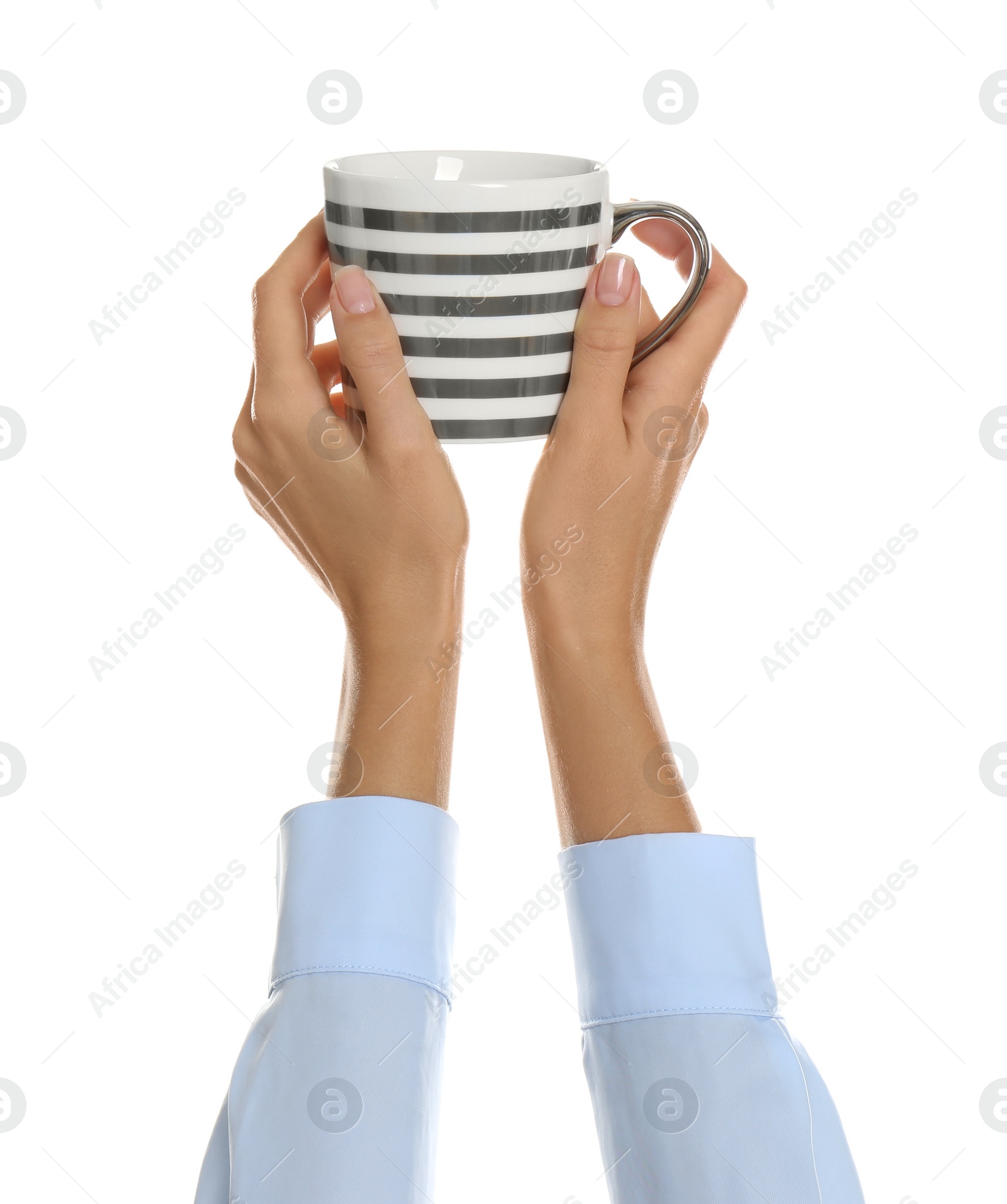 Photo of Woman holding elegant cup on white background, closeup