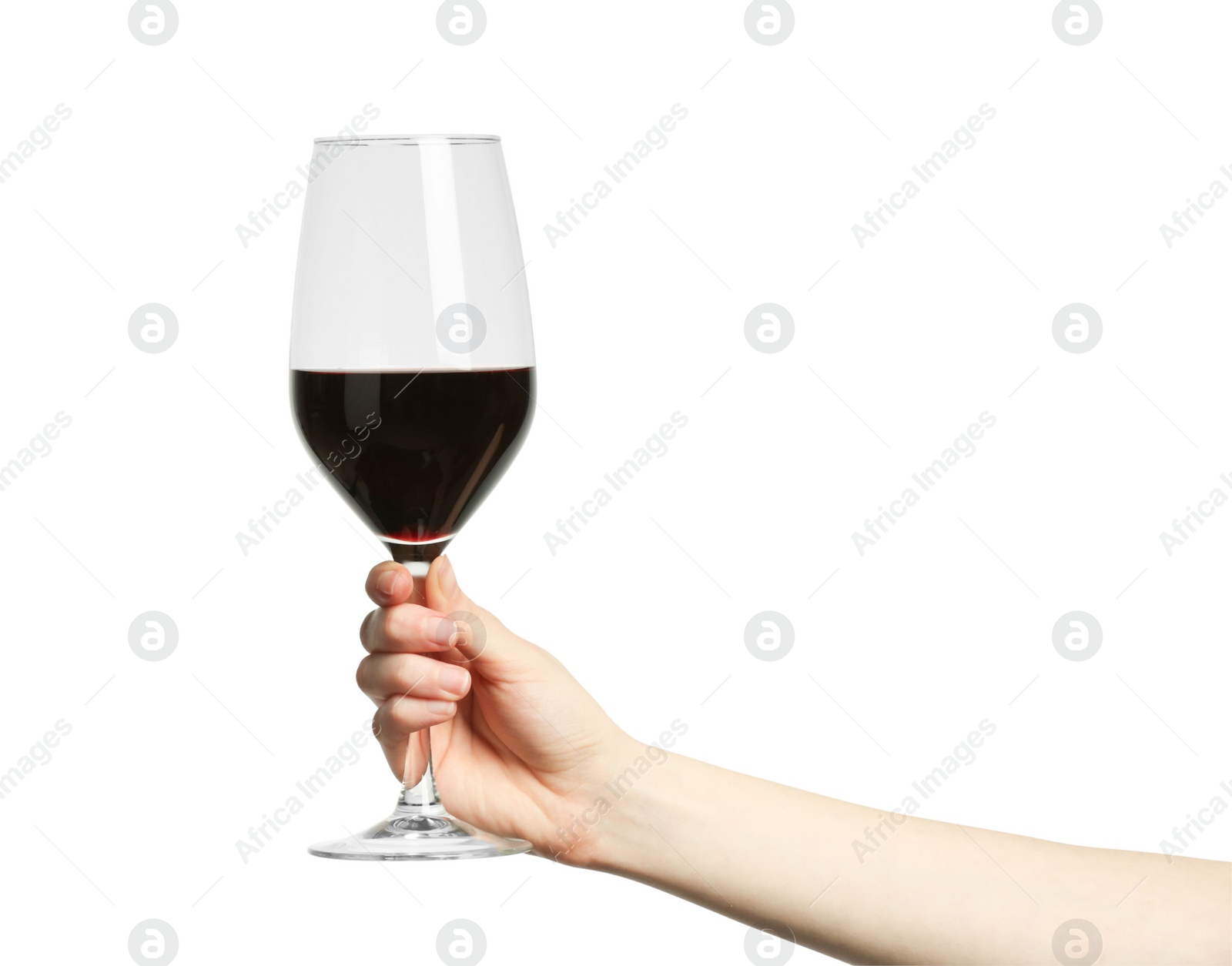 Photo of Woman with glass of wine isolated on white, closeup