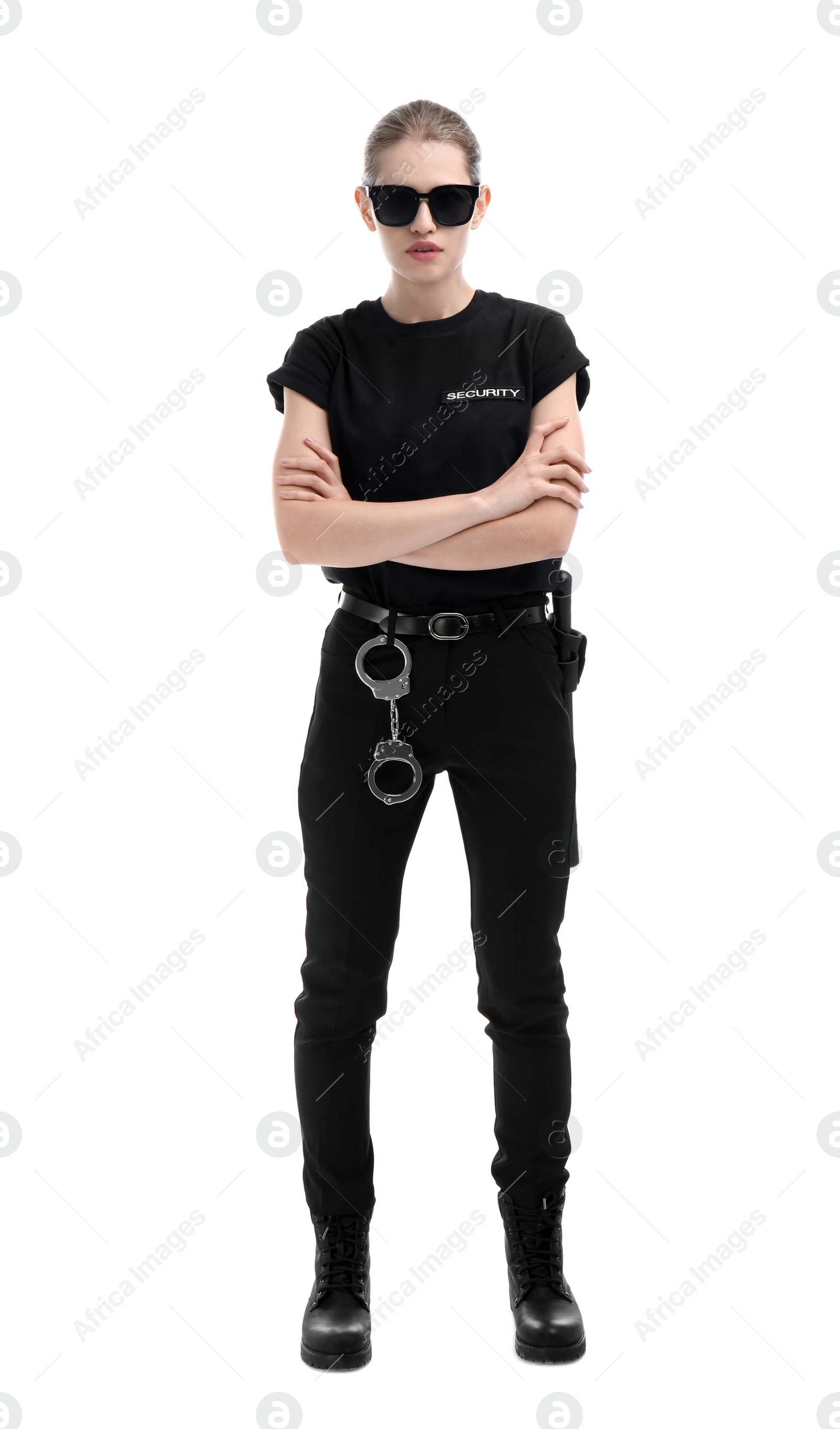 Photo of Female security guard in uniform on white background