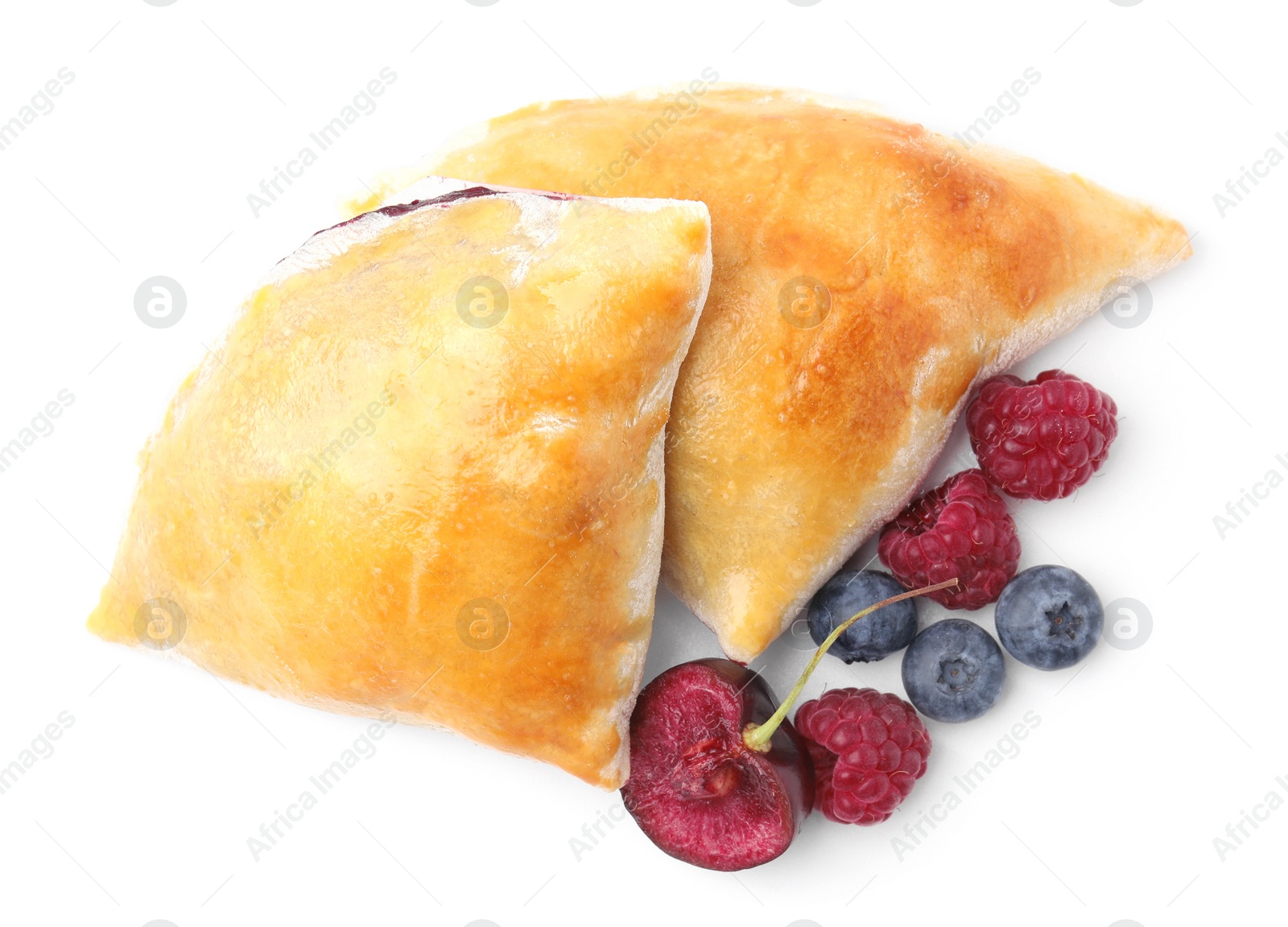 Photo of Delicious samosas with cherry and berries isolated on white, top view