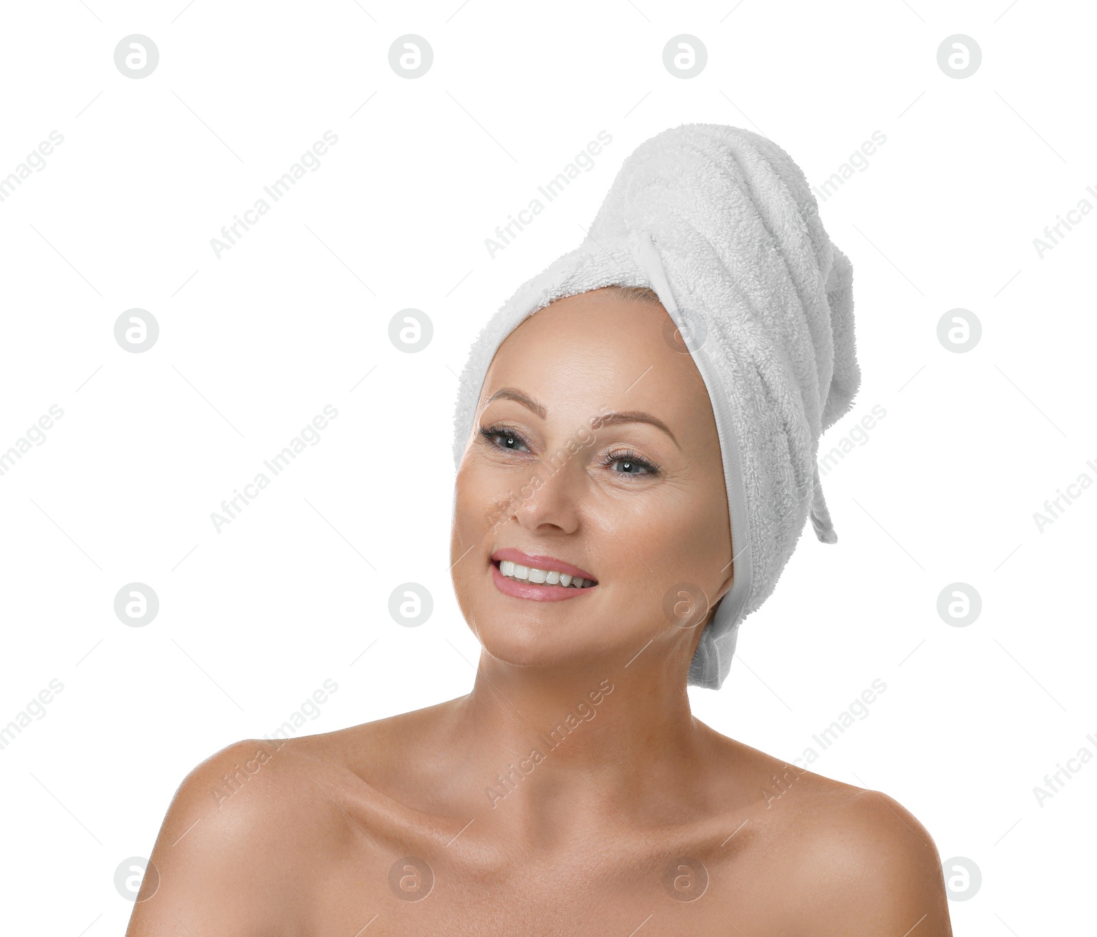 Photo of Portrait of beautiful mature woman with perfect skin on white background