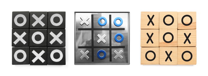 Image of Tic tac toe sets on white background, collage. Banner design