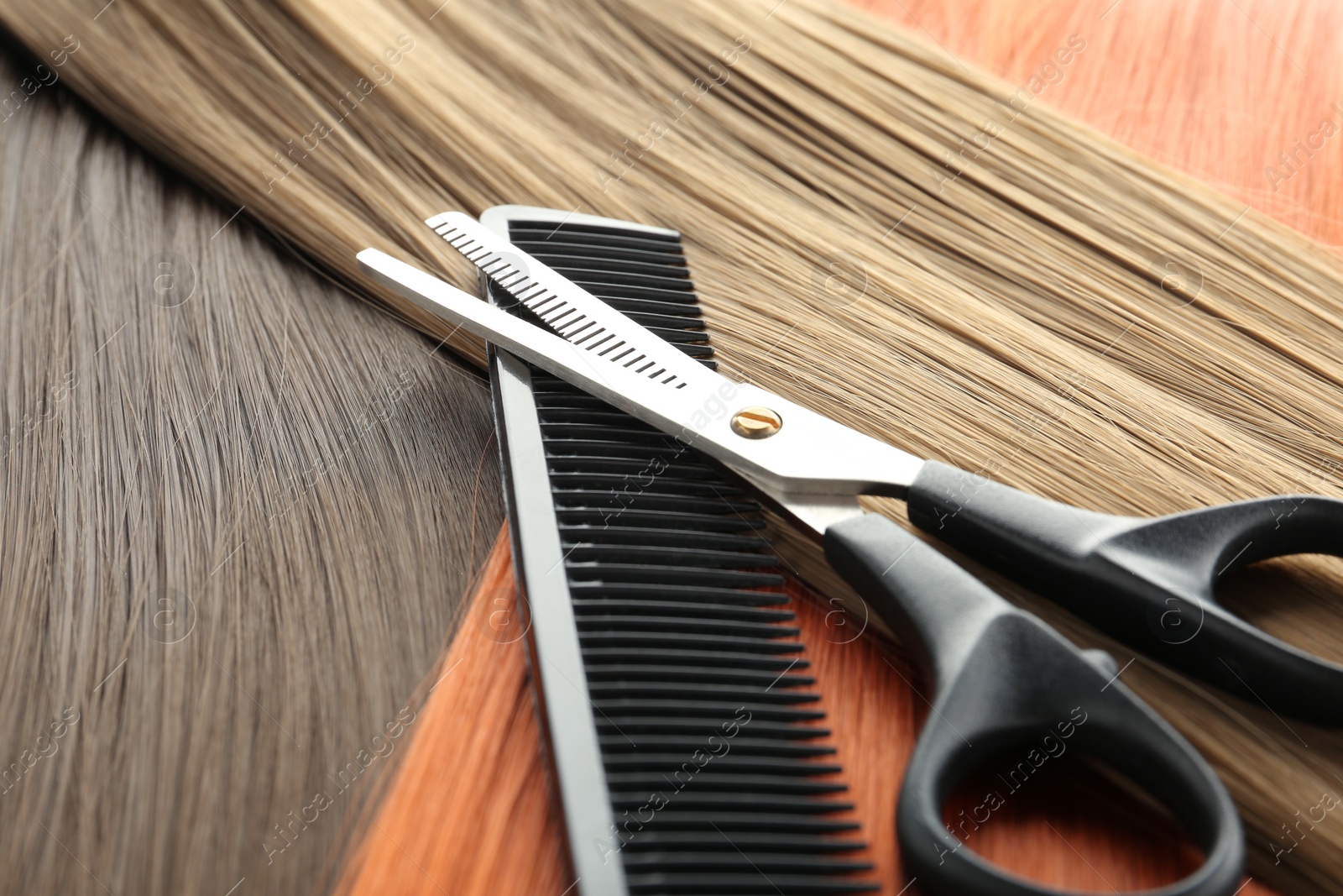 Photo of Thinning scissors and comb on hair, closeup. Hairdresser service