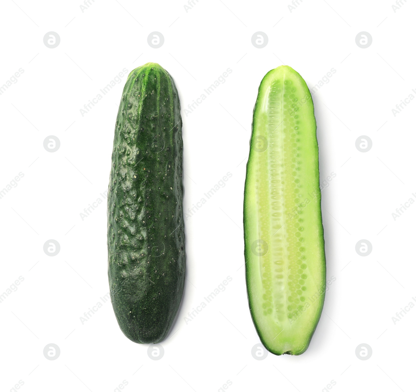 Photo of Flat lay composition with ripe cucumbers on white background