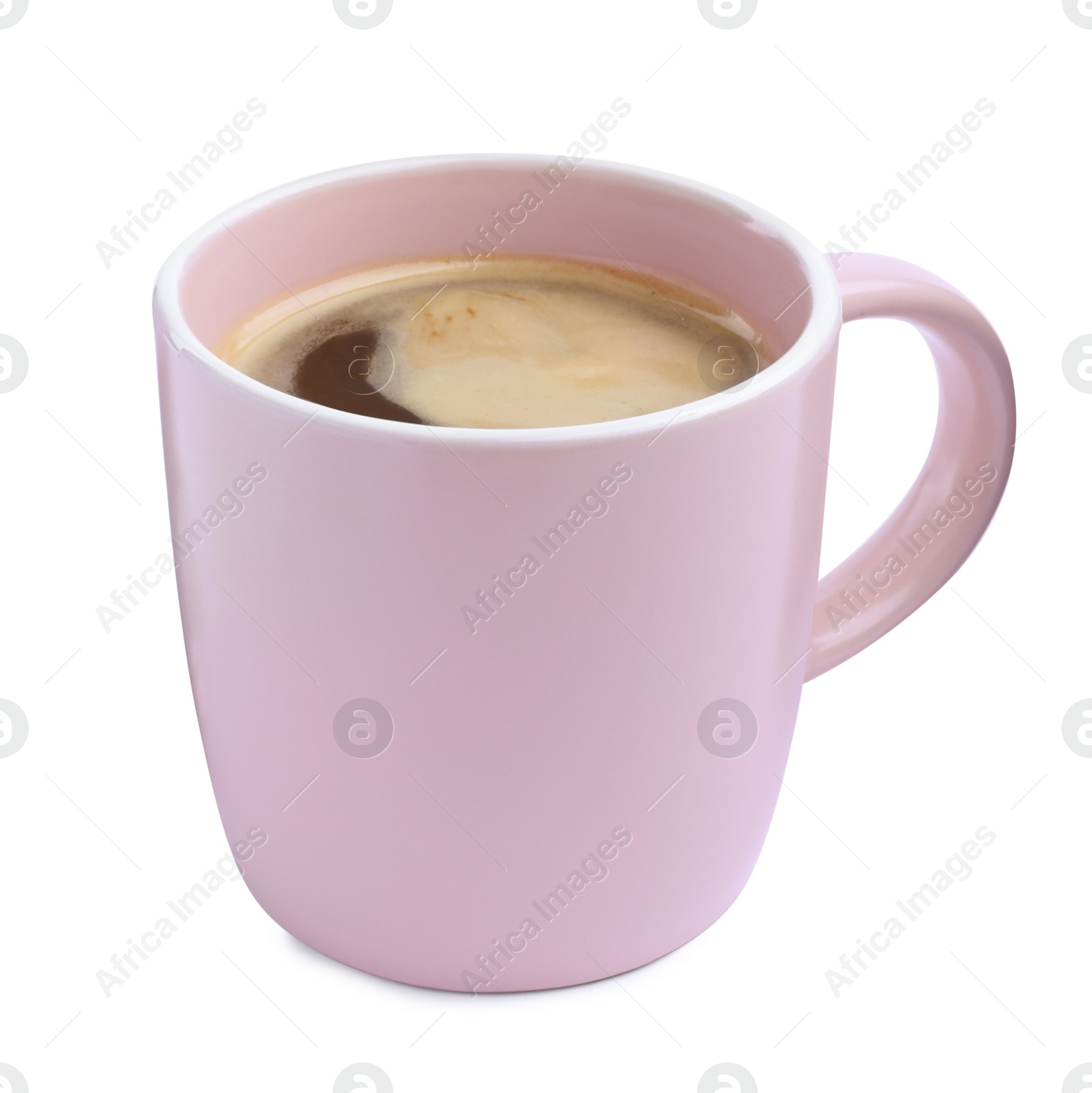 Photo of Fresh aromatic coffee in pink mug isolated on white