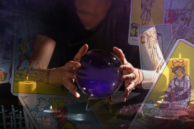 Multiple exposure with tarot cards and photo of soothsayer using crystal ball