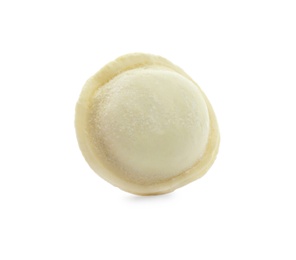 Photo of Raw dumpling with tasty filling on white background