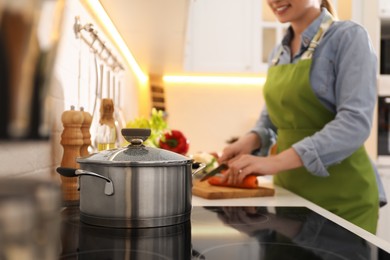 Homemade bouillon recipe. Woman cutting carrot in kitchen, focus on pot