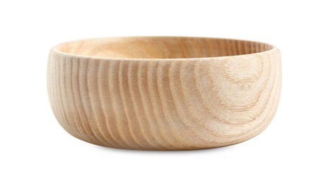 Photo of Wooden bowl isolated on white. Cooking utensil