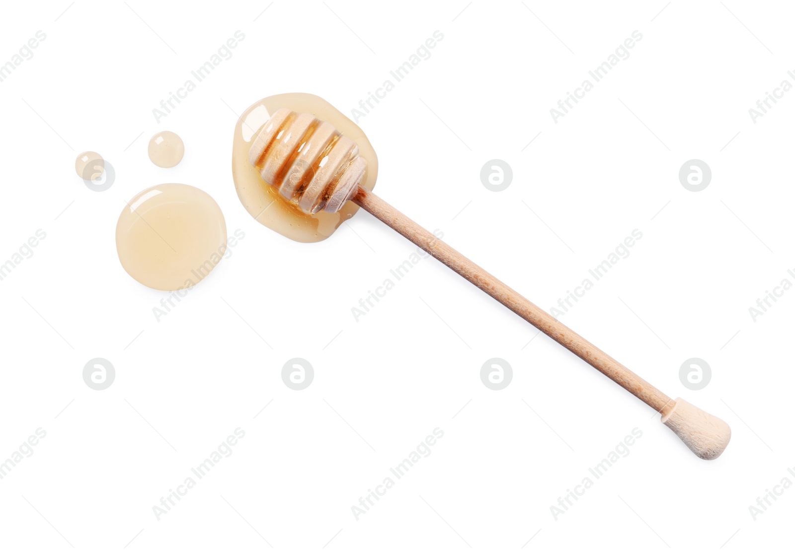 Photo of Tasty natural honey and dipper on white background, top view