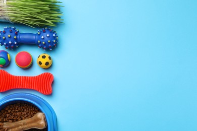 Flat lay composition with pet toys and food on light blue background, space for text