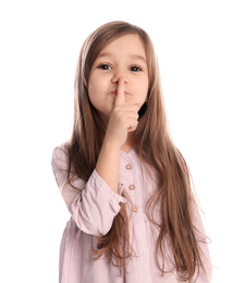 Portrait of cute little girl on white background