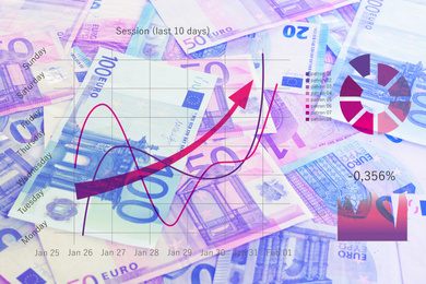 Image of Finance trading concept. Euro banknotes and digital graphic